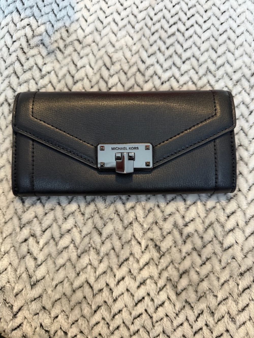 Michael Kors Black Leather Envelope-Style Wallet with Silver Hardware